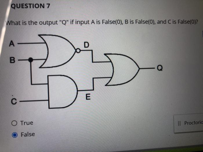 QUESTION 7
What is the output "Q" if input A is False(0), B is False(0), and C is False(0)?
Σ
I
A
B
O True
O False
D
E
Proctoria