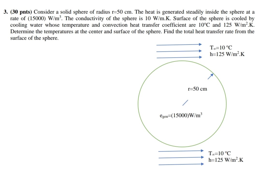 3. (30 pnts) Consider a solid sphere of radius r=50 cm. The heat is generated steadily inside the sphere at a
rate of (15000) W/m³. The conductivity of the sphere is 10 W/m.K. Surface of the sphere is cooled by
cooling water whose temperature and convection heat transfer coefficient are 10°C and 125 W/m².K.
Determine the temperatures at the center and surface of the sphere. Find the total heat transfer rate from the
surface of the sphere.
T«=10 °C
h=125 W/m².K
r=50 cm
Egen=(15000)W/m³
To=10 °C
h=125 W/m².K
