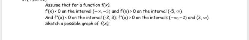 Assume that for a function f(x),
f(x) « O on the interval (-00, -5) and f'(x) > O on the interval (-5, ∞)
And f"(x) « 0 on the interval (-2, 3); f"(x) > O on the intervals (-0, –2) and (3, 0).
Sketch a possible graph of f(x):
