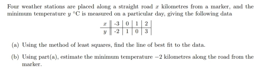 Four weather stations are placed along a straight road r kilometres from a marker, and the
minimum temperature y °C is measured on a particular day, giving the following data
-3 01
10
2
-2
3
(a) Using the method of least squares, find the line of best fit to the data.
(b) Using part(a), estimate the minimum temperature -2 kilometres along the road from the
marker.
