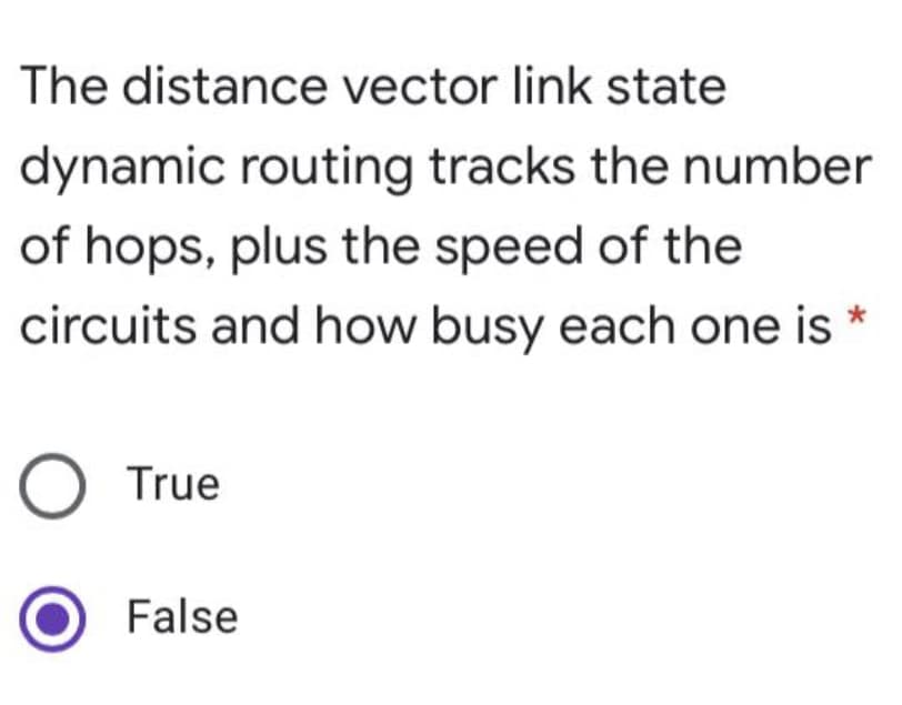 The distance vector link state
dynamic routing tracks the number
of hops, plus the speed of the
circuits and how busy each one is *
O True
False
