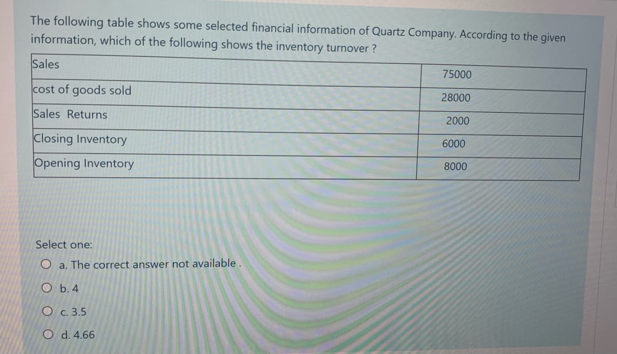 The following table shows some selected financial information of Quartz Company. According to the given
information, which of the following shows the inventory turnover ?
Sales
75000
cost of goods sold
28000
Sales Returns
2000
Closing Inventory
6000
Opening Inventory
8000
Select one:
O a. The correct answer not available.
O b. 4
O c. 3.5
O d. 4.66
