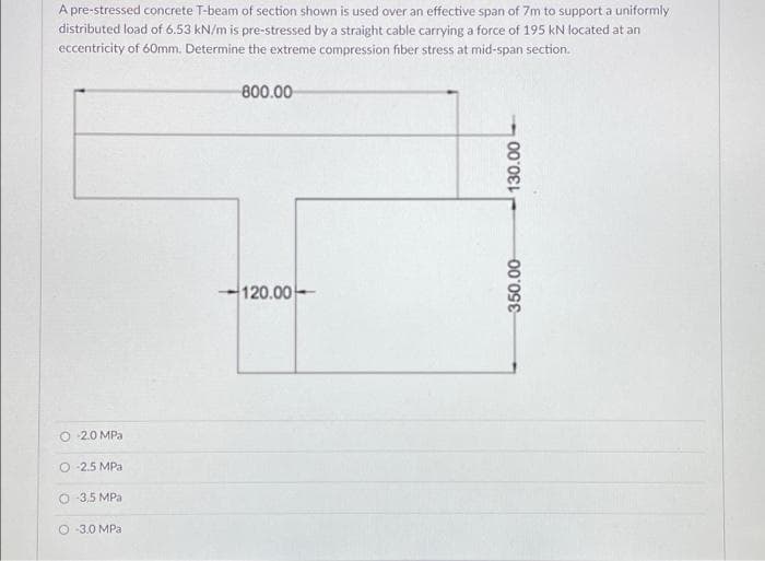 A pre-stressed concrete T-beam of section shown is used over an effective span of 7m to support a uniformly
distributed load of 6.53 kN/m is pre-stressed by a straight cable carrying a force of 195 kN located at an
eccentricity of 60mm. Determine the extreme compression fiber stress at mid-span section.
800.00
120.00-
O 2.0 MPa
O 2.5 MPa
O 3,5 MPa
O -3.0 MPa
350.00
130.00-
