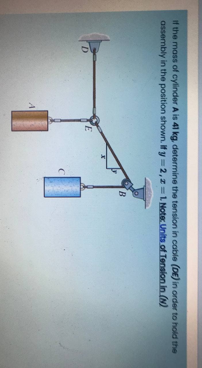 If the mass of cylinder A is 41 kg, determine the tension in cable (DE) in order to hold the
assembly in the position shown. if y =2,1 1. Note: Units of Tension in (N)
E
