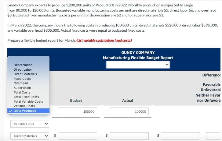 Gundy Company expects to produce 1,200,000 units of Product XX in 2022. Monthly production is expected to range
from 80,000 to 120,000 units. Budgeted variable manufacturing costs per unit are direct materials $5, direct labor $6, and overhead
$8. Budgeted fixed manufacturing costs per unit for depreciation are $2 and for supervision are $1.
In March 2022, the company incurs the following costs in producing 100,000 units: direct materials $520,000, direct labor $596,000,
and variable overhead $805,000. Actual fixed costs were equal to budgeted fixed costs.
Prepare a flexible budget report for March. (List variable costs before fixed costs.)
Depreciation
Direct Labor
Direct Materials
Fixed Costs
Overhead
Supervision
Total Costs
Total Fixed Costs
Total Variable Costs
Variable Costs
Units Produced
Variable Costs
Direct Materials
SA
Budget
100000
GUNDY COMPANY
Manufacturing Flexible Budget Report
TA
Actual
100000
$
Difference
Favorable
Unfavorabl
Neither Favor
nor Unfavora