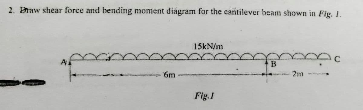 2. Draw shear force and bending moment diagram for the cantilever beam shown in Fig. 1.
6m
15kN/m
Fig.1
B
2m
c