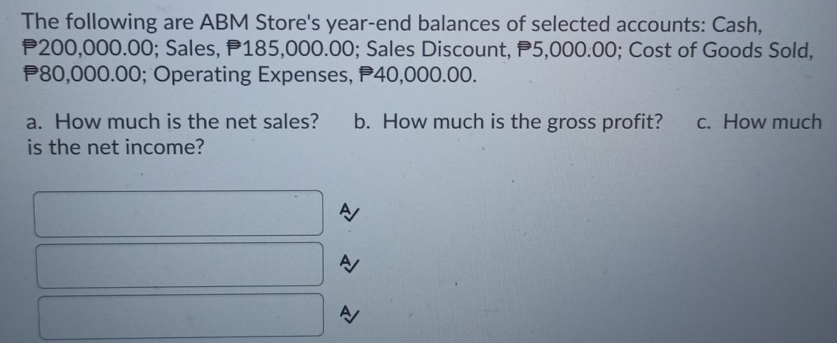 The following are ABM Store's year-end balances of selected accounts: Cash,
P200,000.00; Sales, P185,000.00; Sales Discount, P5,000.00; Cost of Goods Sold,
P80,000.00; Operating Expenses, P40,000.00.
a. How much is the net sales?
b. How much is the gross profit?
C. How much
is the net income?
