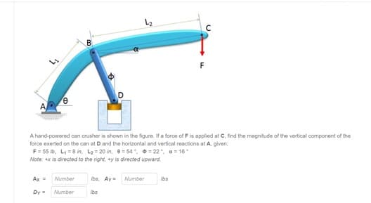 B.
F
A hand-powered can crusher is shown in the figure. If a force of Fis applied at C, find the magnitude of the vertical component of the
force exerted on the can at D and the horizontal and vertical reactions at A. given:
F = 55 D, L1 =8 in, L2= 20 in, e = 54 " = 22*. a= 16*
Note: x is directed to the right, +y is directed upward.
Ax =
Number
Ibs, Ay=
Number
Ibs
Dy=
Number
Ibs
