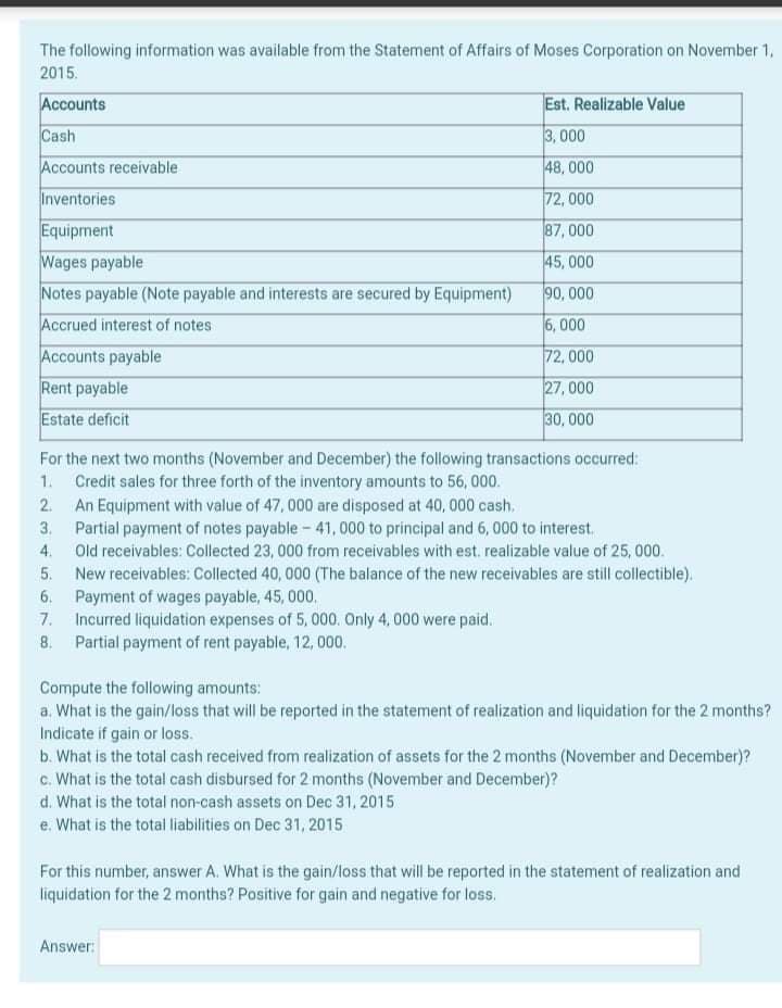 The following information was available from the Statement of Affairs of Moses Corporation on November 1,
2015.
Accounts
Cash
Est. Realizable Value
3, 000
Accounts receivable
48, 000
Inventories
72, 000
87, 000
Equipment
Wages payable
Notes payable (Note payable and interests are secured by Equipment)
45, 000
90, 000
Accrued interest of notes
6, 000
Accounts payable
72, 000
Rent payable
Estate deficit
27, 000
30, 000
For the next two months (November and December) the following transactions occurred:
1. Credit sales for three forth of the inventory amounts to 56, 000.
2. An Equipment with value of 47, 000 are disposed at 40, 000 cash.
3. Partial payment of notes payable - 41, 000 to principal and 6, 000 to interest.
Old receivables: Collected 23, 000 from receivables with est. realizable value of 25, 000.
4.
New receivables: Collected 40, 000 (The balance of the new receivables are still collectible).
6. Payment of wages payable, 45, 000.
7. Incurred liquidation expenses of 5, 000. Only 4, 000 were paid.
8. Partial payment of rent payable, 12, 000.
5.
Compute the following amounts:
a. What is the gain/loss that will be reported in the statement of realization and liquidation for the 2 months?
Indicate if gain or loss.
b. What is the total cash received from realization of assets for the 2 months (November and December)?
c. What is the total cash disbursed for 2 months (November and December)?
d. What is the total non-cash assets on Dec 31, 2015
e. What is the total liabilities on Dec 31, 2015
For this number, answer A. What is the gain/loss that will be reported in the statement of realization and
liquidation for the 2 months? Positive for gain and negative for loss.
Answer:
