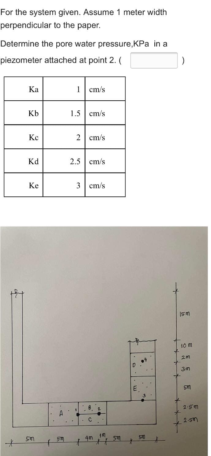 For the system given. Assume 1 meter width
perpendicular to the paper.
Determine the pore water pressure,KPa in a
piezometer attached at point 2. (
Ка
1
cm/s
Kb
1.5
cm/s
Кс
cm/s
Kd
2.5
cm/s
Ke
cm/s
15m
10 m
3m
E
Sm
2.5m
2.
2-5m
4m
2.
3.
