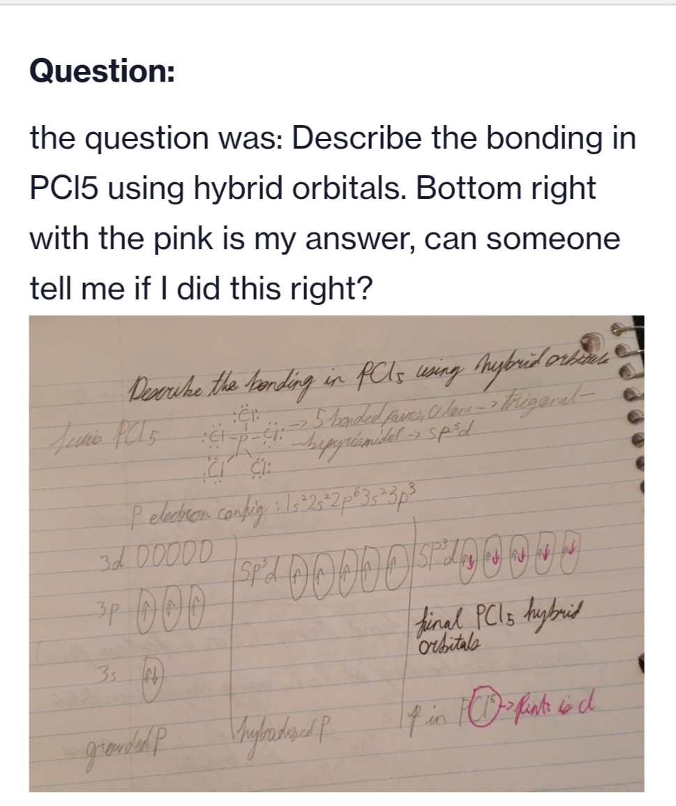 Question:
the question was: Describe the bonding in
PC15 using hybrid orbitals. Bottom right
with the pink is my answer, can someone
tell me if I did this right?
Describe the bonding in PC15 using hybridor
er
5 bonded
Juris PCL5 C1-p-Cr. -hepyramidel - spªd
CI CI
-
and orhinus
fairs, I love ->trigenal -
Pelectron config : 15 ²25 2p 3s 3p³
3d 00000
3P 000
3₁ D
grounded Phyftredesced P
Spd 0 0 0 0 0 SF A B O O O O
final PC15 hybrid
Orbitals
If in 10 punt is d