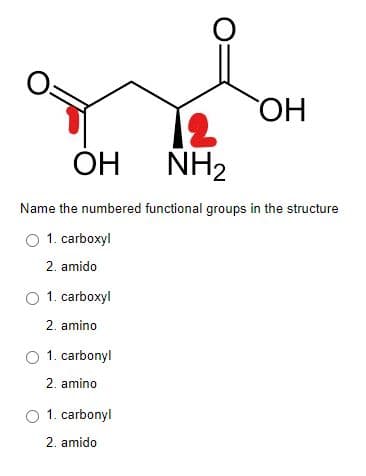 HO
ОН
NH2
Name the numbered functional groups in the structure
O 1. carboxyl
2. amido
O 1. carboxyl
2. amino
1. carbonyl
2. amino
O 1. carbonyl
2. amido
