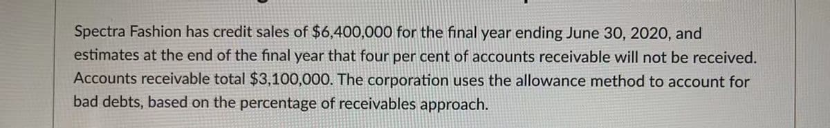 Spectra Fashion has credit sales of $6,400,000 for the final year ending June 30, 2020, and
estimates at the end of the final year that four per cent of accounts receivable will not be received.
Accounts receivable total $3,100,000. The corporation uses the allowance method to account for
bad debts, based on the percentage of receivables approach.
