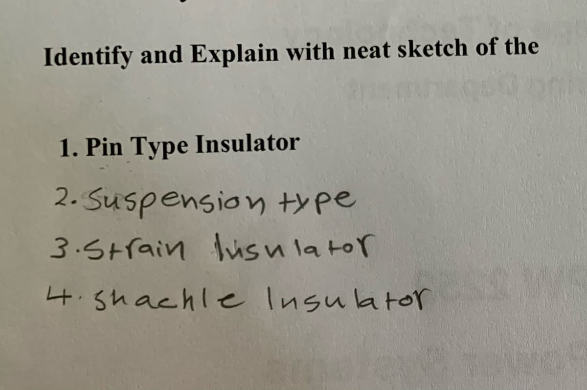 Identify and Explain with neat sketch of the
1. Pin Type Insulator
2. Suspension type
3.Strain hisu la tor
4.shachle Insulator
