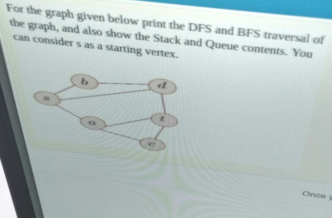 For the graph given below print the DFS and BFS traversal of
the graph, and also show the Stack and Queue contents. You
can consider s as a starting vertex.
Once y
