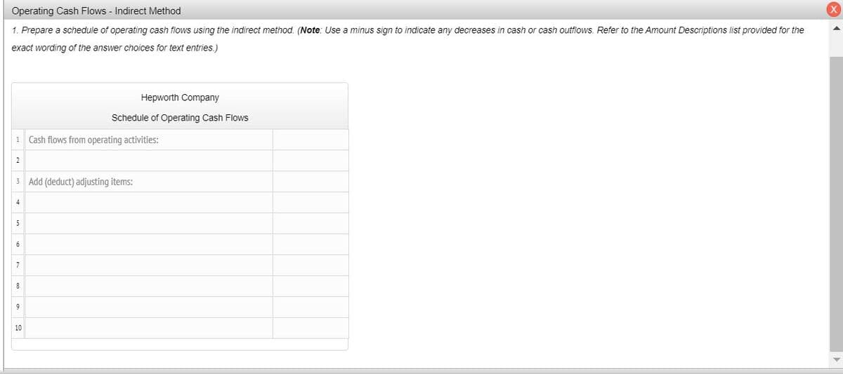 Operating Cash Flows - Indirect Method
1. Prepare a schedule of operating cash flows using the indirect method. (Note: Use a minus sign to indicate any decreases in cash or cash outflows. Refer to the Amount Descriptions list provided for the
exact wording of the answer choices for text entries.)
Hepworth Company
Schedule of Operating Cash Flows
Cash flows from operating activities:
2
3 Add (deduct) adjusting items:
4
5
6
8
10
