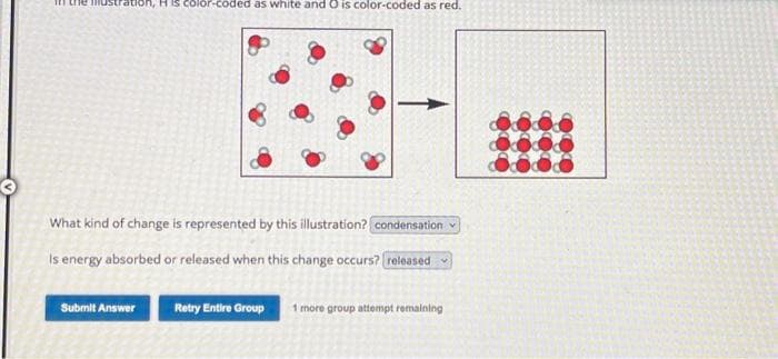 oh, H is color-coded as white and O is color-coded as red.
What kind of change is represented by this illustration? condensation
Is energy absorbed or released when this change occurs? [released
Submit Answer
Retry Entire Group 1 more group attempt remaining