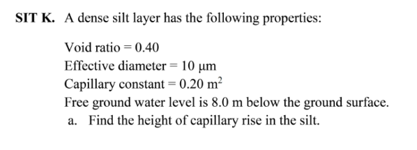 SIT K. A dense silt layer has the following properties:
Void ratio = 0.40
Effective diameter = 10 µm
Capillary constant = 0.20 m²
Free ground water level is 8.0 m below the ground surface.
a. Find the height of capillary rise in the silt.
