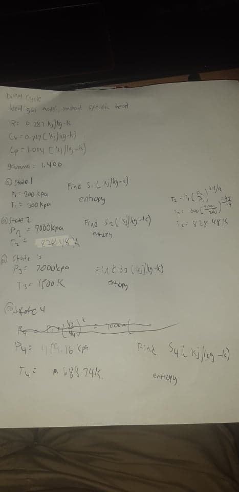 bl (ydle
Weul
adel, tonstet Sprie heut
R: 0 281 kkg-lk
(p: 1.0oy CM/5-)
gamma - 1.40O
@ Stode l
P.- 200 k pa
T= 300 kpn
Find S Lilly-k)
entrony
A Stete 2
Pn = 7000kpa
ושר
Find Sal kilkg-e)
W State 3
P3 7000lepa
T3 00K
Pys 19.16 Kpa
Rind
entropy
