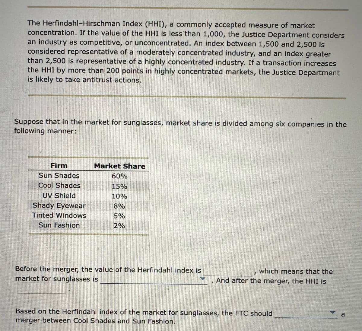 The Herfindahl-Hirschman Index (HHI), a commonly accepted measure of market
concentration. If the value of the HHI is less than 1,000, the Justice Department considers
an industry as competitive, or unconcentrated. An index between 1,500 and 2,500 is
considered representative of a moderately concentrated industry, and an index greater
than 2,500 is representative of a highly concentrated industry. If a transaction increases
the HHI by more than 200 points in highly concentrated markets, the Justice Department
is likely to take antitrust actions.
Suppose that in the market for sunglasses, market share is divided among six companies in the
following manner:
Firm
Sun Shades
Cool Shades
UV Shield
Shady Eyewear
Tinted Windows
Sun Fashion
Market Share
60%
15%
10%
8%
5%
2%
Before the merger, the value of the Herfindahl index is
market for sunglasses is
which means that the
And after the merger, the HHI is
Based on the Herfindahl index of the market for sunglasses, the FTC should
merger between Cool Shades and Sun Fashion.
a