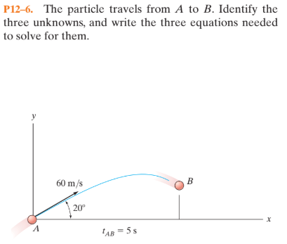 P12-6. The particle travels from A to B. Identify the
three unknowns, and write the three equations needed
to solve for them.
60 m/s
B
20°
'AB = 5 s
