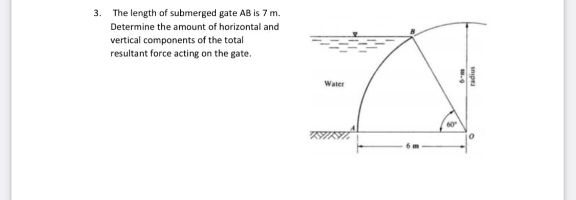 3. The length of submerged gate AB is 7 m.
Determine the amount of horizontal and
vertical components of the total
resultant force acting on the gate.
Water
60
SISIL.
6 m
w.9
