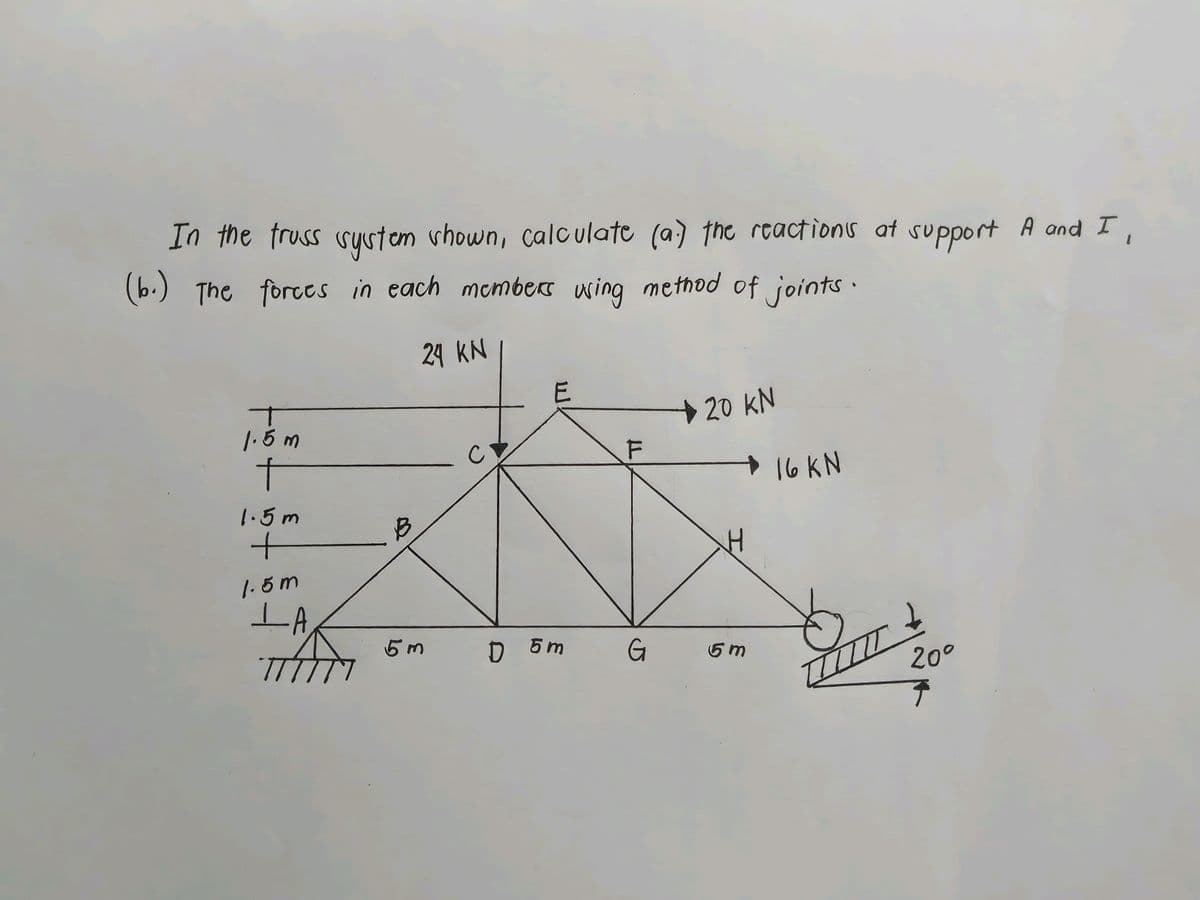 In the fruss system vhown, calculate (a) the reactions at support A and I
(b.) The forces in each members wing method of joints·
24 KN
E
1.6 m
20 KN
C
16KN
1.5m
|. 5m
LA
TTTTT
5 m
D 5m
5 m
20°
