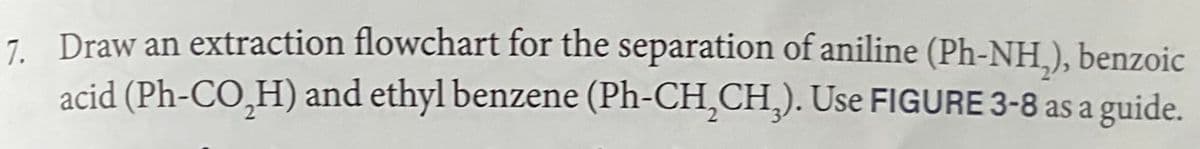 7. Draw an extraction flowchart for the separation of aniline (Ph-NH₂), benzoic
acid (Ph-CO₂H) and ethyl benzene (Ph-CH₂CH₂). Use FIGURE 3-8 as a guide.