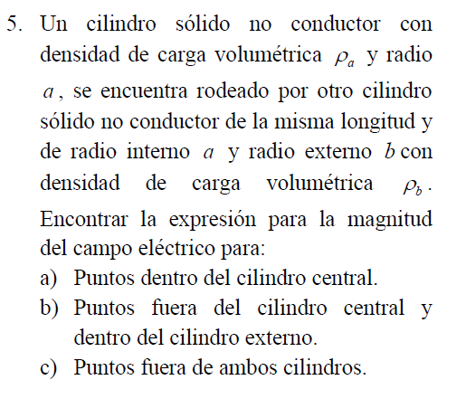 5. Un cilindro sólido no conductor con
densidad de carga volumétrica p, y radio
a, se encuentra rodeado por otro cilindro
sólido no conductor de la misma longitud y
de radio interno a y radio externo b con
densidad de carga volumétrica
Encontrar la expresión para la magnitud
del campo eléctrico para:
a) Puntos dentro del cilindro central.
b) Puntos fuera del cilindro central y
dentro del cilindro externo.
c) Puntos fuera de ambos cilindros.
