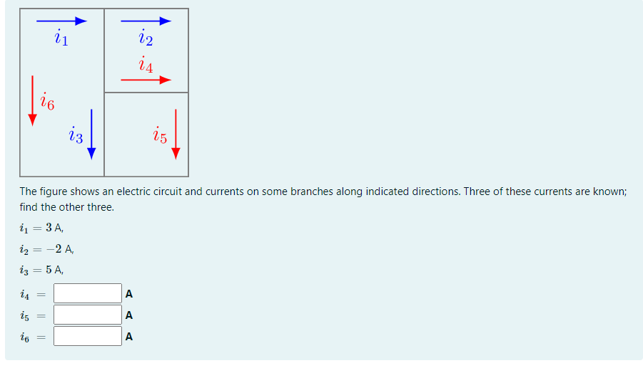 i1
i2
is
16
i3
is
The figure shows an electric circuit and currents on some branches along indicated directions. Three of these currents are known;
find the other three.
i1 = 3 A,
iz = -2 A,
iz = 5 A,
A
i4
A
is
A
io
||
