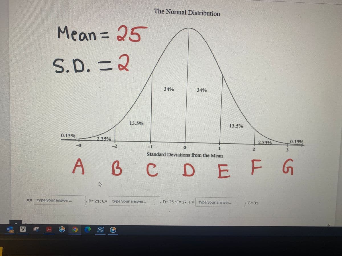 The Normal Distribution
Mean=D25
%3D
S.D.=2
34%
34%
13.5%
13.5%
0.15%
2.35%
2.35%
0.15%
-2
-1
Standard Deviations from the Mean
A
C
DE F G
A= typeyour answer...
E B= 21;C= type your answer...
| D= 25; E= 27; F%3
type your answer...
: G= 31
3.
2.
