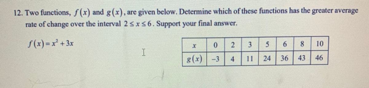 12. Two functions, f(x) and g(x), are given below. Determine which of these functions has the greater average
rate of change over the interval 2s xs6. Support your final answer.
S(x)=x +3x
0.
2.
6.
8.
10
g(x) | -3
11
24
36 43
46
3.
4,
