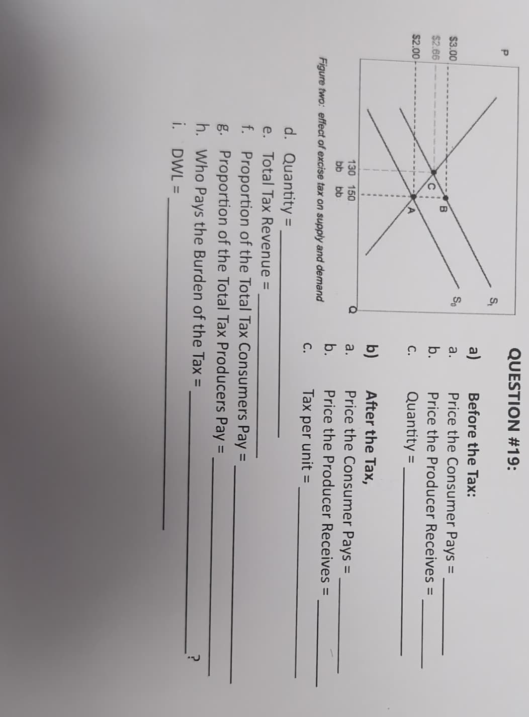 $3.00
$2.66
$2.00
с
B
130 150
bb bb
Figure two: effect of excise tax on supply and demand
QUESTION #19:
=
a)
a.
b.
C.
TO
b)
a.
b.
C.
Before the Tax:
Price the Consumer Pays :
=
Price the Producer Receives =
Quantity =
After the Tax,
Price the Consumer Pays =
Price the Producer Receives =
Tax per unit =
d. Quantity=
e. Total Tax Revenue =
f. Proportion of the Total Tax Consumers Pay =
g. Proportion of the Total Tax Producers Pay =
h. Who Pays the Burden of the Tax =
i.
DWL =
?