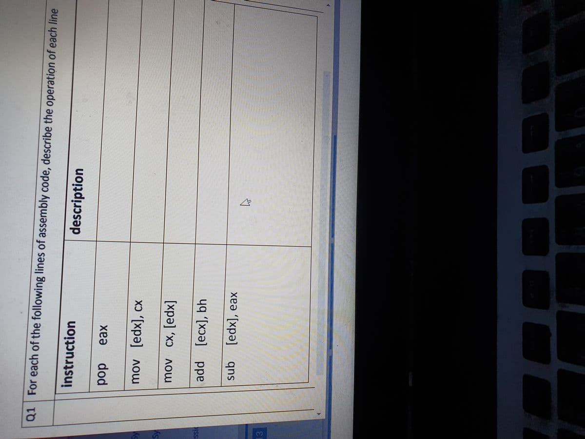 Q1 For each of the following lines of assembly code, describe the operation of each line
instruction
description
ax
dod
mov [edx], Cx
Ks
mov cx,[edx]
add [ecx], bh
1xp] qns
3.
