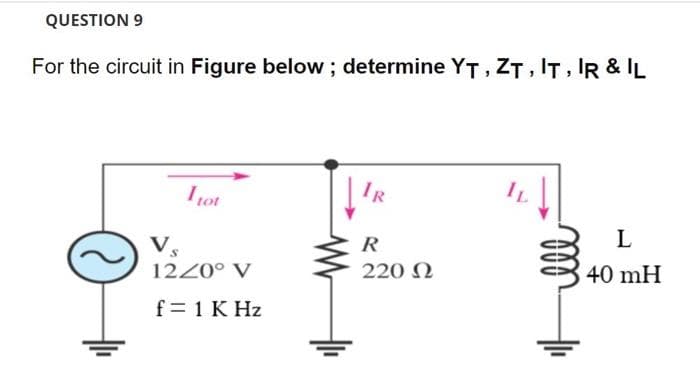 QUESTION 9
For the circuit in Figure below; determine YT, ZT, IT, IR & IL
I tot
Vs
1220° V
f = 1 KHz
IR
R
220 Ω
L
40 mH