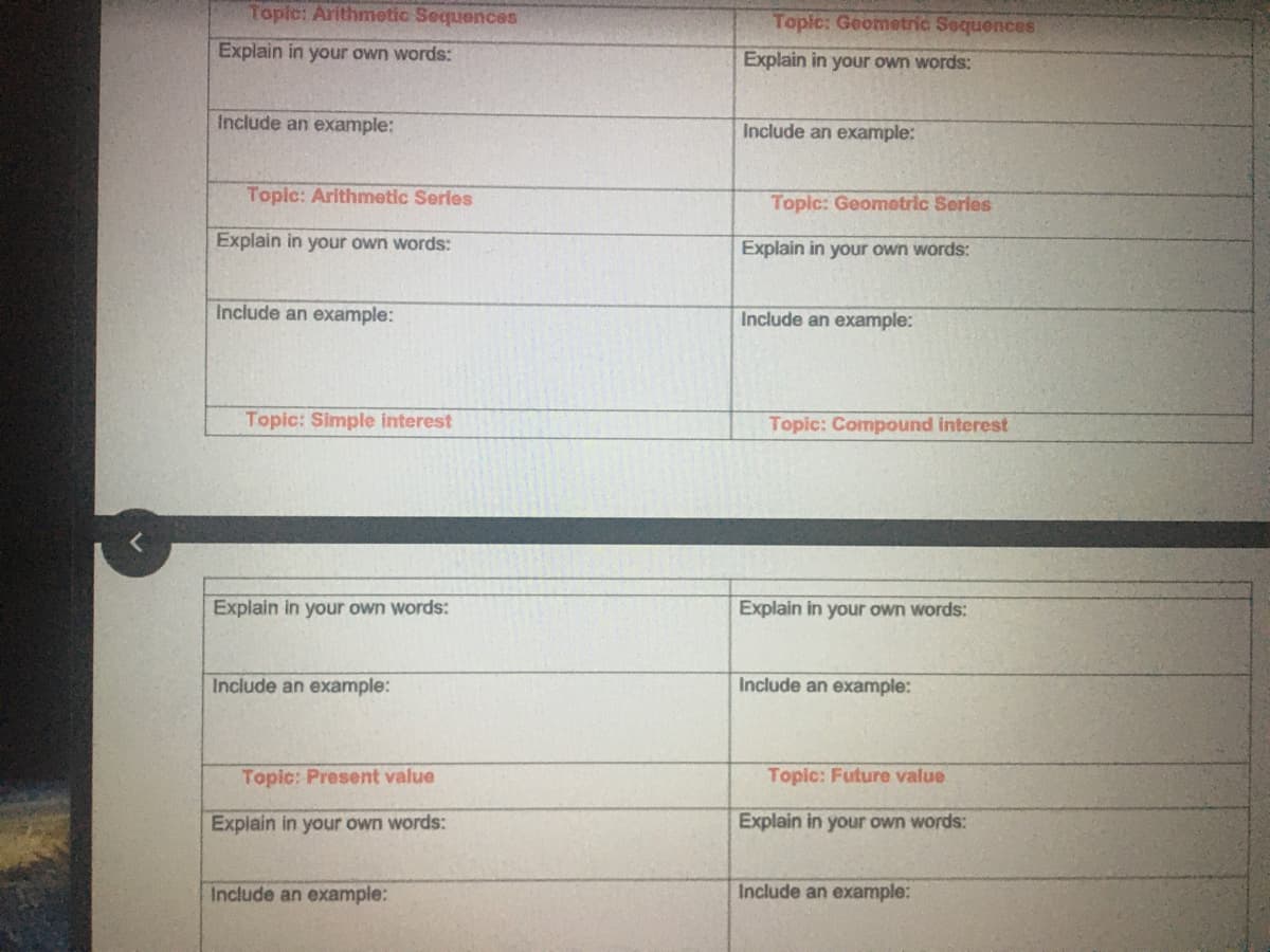 Topic: Arithmetic Sequences
Topic: Geometric Sequences
Explain in your own words:
Explain in your own words:
Include an example:
Include an example:
Topic: Arithmetic Serles
Topic: Geometric Series
Explain in your own words:
Explain in your own words:
Include an example:
Include an example:
Topic: Simple interest
Topic: Compound interest
Explain in your own words:
Explain in your own words:
Include an example:
Include an example:
Topic: Present value
Topic: Future value
Explain in your own words:
Explain in your own words:
Include an example:
Include an example:
