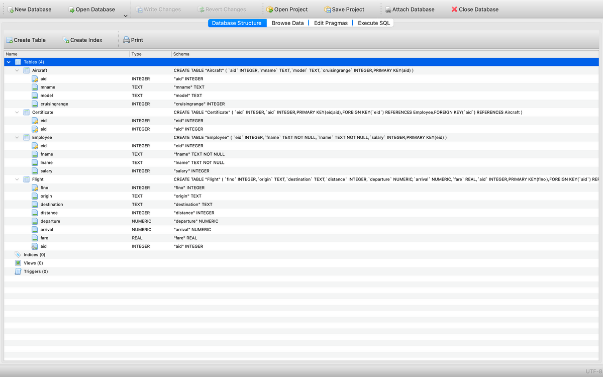 New Database
Create Table
Tables (4)
Name
Aircraft
aid
mname
model
cruisingrange
Certificate
eid
aid
Employee
eid
fname
Iname
salary
Flight
flno
origin
destination
distance
departure
arrival
fare
aid
Indices (0)
Views (0)
Triggers (0)
Open Database
Create Index
Write Changes
Open Project
Save Project
X Close Database
Database Structure
Browse Data Edit Pragmas | Execute SQL
Print
Type
Schema
CREATE TABLE "Aircraft" (`aid` INTEGER, `mname` TEXT, `model` TEXT, `cruisingrange` INTEGER, PRIMARY KEY (aid))
INTEGER
"aid" INTEGER
TEXT
"mname" TEXT
TEXT
"model" TEXT
INTEGER
"cruisingrange" INTEGER
CREATE TABLE "Certificate" (`eid` INTEGER, `aid` INTEGER, PRIMARY KEY (eid,aid), FOREIGN KEY(`eid`) REFERENCES Employee, FOREIGN KEY(`aid`) REFERENCES Aircraft)
"eid" INTEGER
INTEGER
INTEGER
"aid" INTEGER
CREATE TABLE "Employee" (`eid` INTEGER, `fname` TEXT NOT NULL, `Iname` TEXT NOT NULL, `salary` INTEGER, PRIMARY KEY(eid))
INTEGER
"eid" INTEGER
TEXT
"fname" TEXT NOT NULL
TEXT
"Iname" TEXT NOT NULL
INTEGER
"salary" INTEGER
CREATE TABLE "Flight" ( `flno` INTEGER, `origin` TEXT, `destination` TEXT, `distance` INTEGER, `departure` NUMERIC, `arrival` NUMERIC, `fare` REAL, `aid` INTEGER, PRIMARY KEY (flno), FOREIGN KEY(`aid`) REF
"fino" INTEGER
INTEGER
TEXT
"origin" TEXT
TEXT
"destination" TEXT
INTEGER
"distance" INTEGER
NUMERIC
"departure" NUMERIC
"arrival" NUMERIC
NUMERIC
REAL
"fare" REAL
INTEGER
"aid" INTEGER
UTF-8
Revert Changes
Attach Database