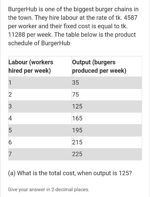 BurgerHub is one of the biggest burger chains in
the town. They hire labour at the rate of tk. 4587
per worker and their fixed cost is equal to tk.
11288 per week. The table below is the product
schedule of BurgerHub
Labour (workers
hired per week)
Output (burgers
produced per week)
1
35
2
75
125
4
165
195
215
7
225
(a) What is the total cost, when output is 125?
Give your answer in 2-decimal places.
