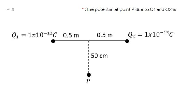 :The potential at point P due to Q1 and Q2 is
Q1 =
= 1x10-12C 0.5 m
Q2 = 1x10-12C
%3D
0.5 m
50 cm
