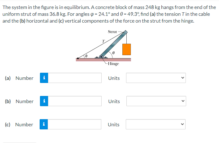 The system in the figure is in equilibrium. A concrete block of mass 248 kg hangs from the end of the
uniform strut of mass 36.8 kg. For angles = 24.1° and 0 = 49.3%, find (a) the tension in the cable
and the (b) horizontal and (c) vertical components of the force on the strut from the hinge.
(a) Number i
(b) Number i
(c) Number
i
Strut
8
-Hinge
Units
Units
Units
<
>