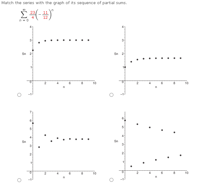 Match the series with the graph of its sequence of partial sums.
DO
23
Σ ²³ (-11)
4
12
n = 0
O
O
3
Sn 2-
Sn
14
6-
5-
3-
2-
1-
2
2
......
4
n
n
Foo
6
6
8
8
10
10
3
Sn 2
.....
+
2
4
6
8
n
Sn
5
4
3-
2-
1-
2
n
8
10
10