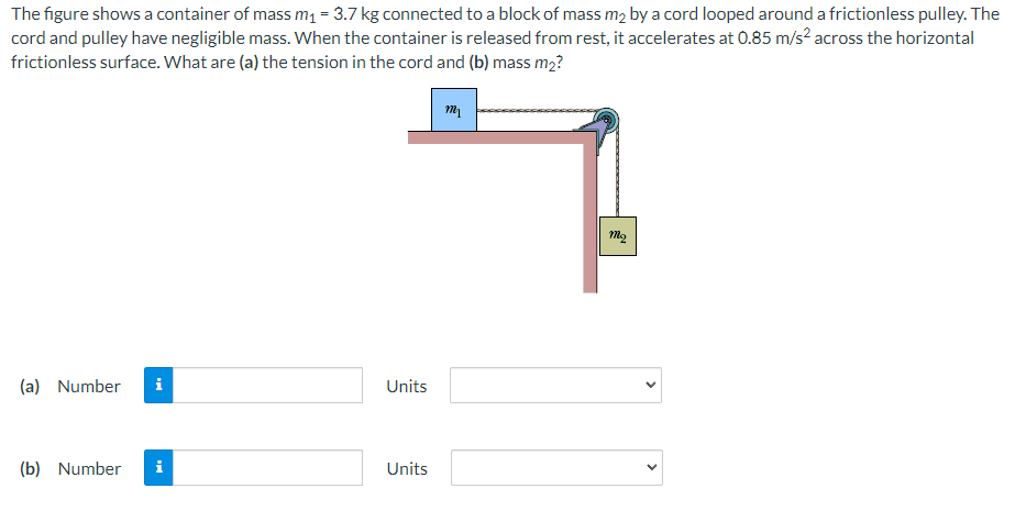 The figure shows a container of mass m₁ = 3.7 kg connected to a block of mass m₂ by a cord looped around a frictionless pulley. The
cord and pulley have negligible mass. When the container is released from rest, it accelerates at 0.85 m/s² across the horizontal
frictionless surface. What are (a) the tension in the cord and (b) mass m₂?
(a) Number
(b) Number
i
Tel
Units
Units
m₁
Mo
<