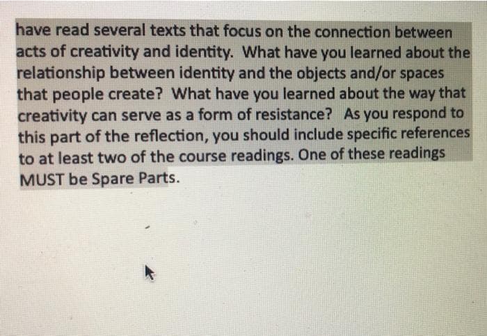 have read several texts that focus on the connection between
acts of creativity and identity. What have you learned about the
relationship between identity and the objects and/or spaces
that people create? What have you learned about the way that
creativity can serve as a form of resistance? As you respond to
this part of the reflection, you should include specific references
to at least two of the course readings. One of these readings
MUST be Spare Parts.
