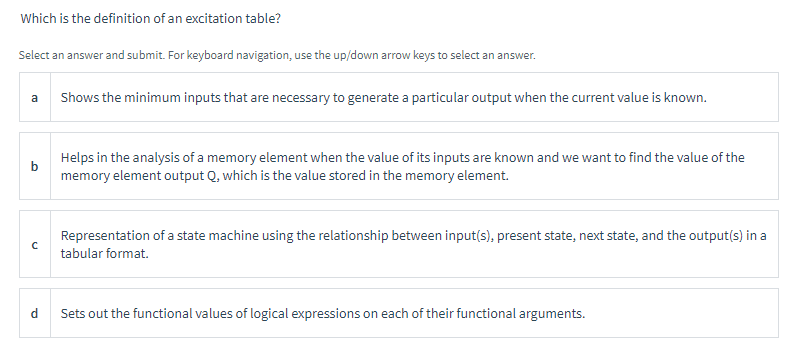 Which is the definition of an excitation table?
Select an answer and submit. For keyboard navigation, use the up/down arrow keys to select an answer.
a
b
с
d
Shows the minimum inputs that are necessary to generate a particular output when the current value is known.
Helps in the analysis of a memory element when the value of its inputs are known and we want to find the value of the
memory element output Q, which is the value stored in the memory element.
Representation of a state machine using the relationship between input(s), present state, next state, and the output(s) in a
tabular format.
Sets out the functional values of logical expressions on each of their functional arguments.