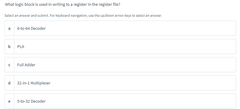 What logic block is used in writing to a register in the register file?
Select an answer and submit. For keyboard navigation, use the up/down arrow keys to select an answer.
a
b
с
d
e
6-to-64 Decoder
PLA
Full Adder
32-in-1 Multiplexer
5-to-32 Decoder