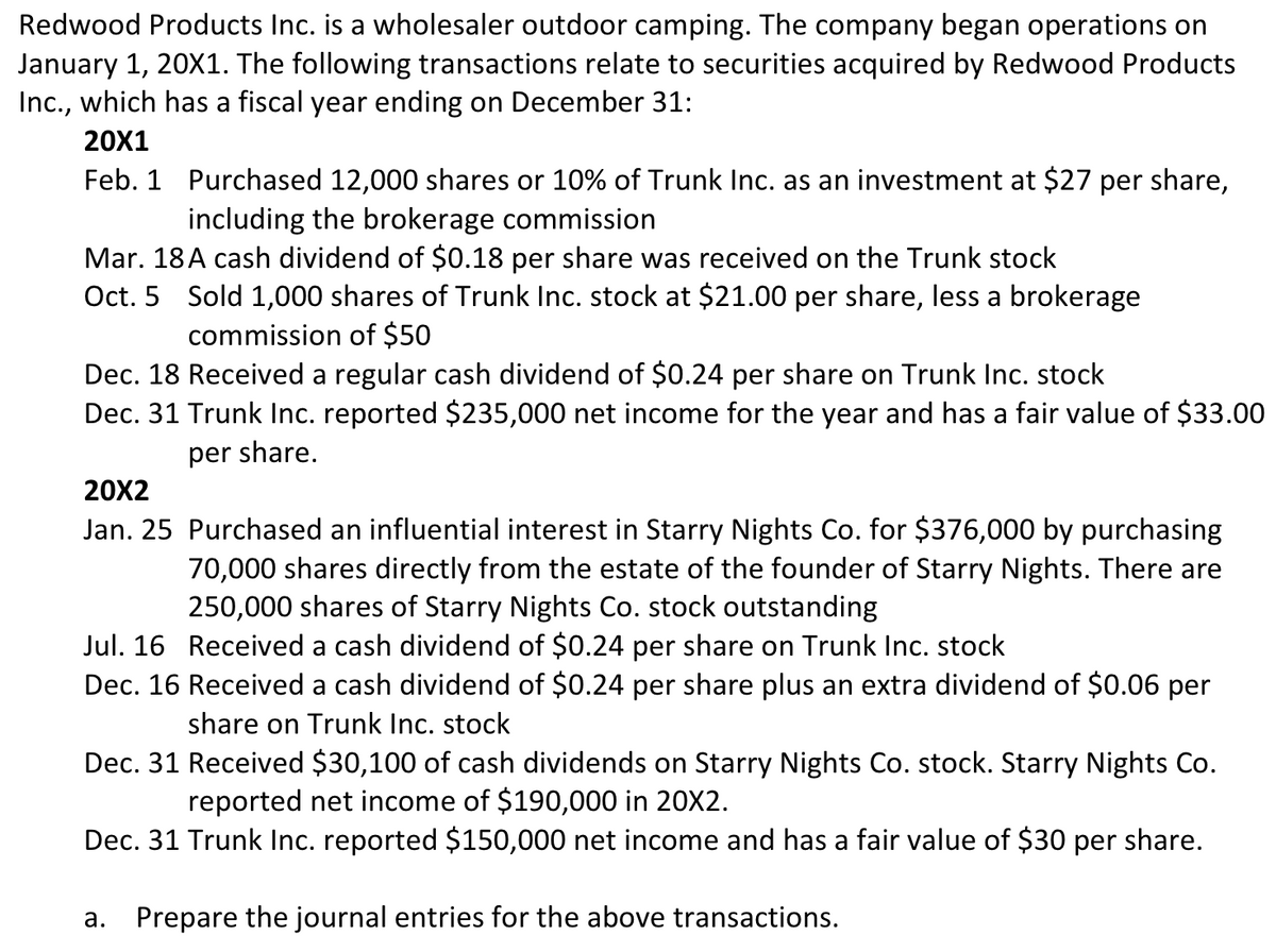 Redwood Products Inc. is a wholesaler outdoor camping. The company began operations on
January 1, 20X1. The following transactions relate to securities acquired by Redwood Products
Inc., which has a fiscal year ending on December 31:
20X1
Feb. 1 Purchased 12,000 shares or 10% of Trunk Inc. as an investment at $27 per share,
including the brokerage commission
Mar. 18A cash dividend of $0.18 per share was received on the Trunk stock
Oct. 5 Sold 1,000 shares of Trunk Inc. stock at $21.00 per share, less a brokerage
commission of $50
Dec. 18 Received a regular cash dividend of $0.24 per share on Trunk Inc. stock
Dec. 31 Trunk Inc. reported $235,000 net income for the year and has a fair value of $33.00
per share.
20X2
Jan. 25 Purchased an influential interest in Starry Nights Co. for $376,000 by purchasing
70,000 shares directly from the estate of the founder of Starry Nights. There are
250,000 shares of Starry Nights Co. stock outstanding
Jul. 16 Received a cash dividend of $0.24 per share on Trunk Inc. stock
Dec. 16 Received a cash dividend of $0.24 per share plus an extra dividend of $0.06 per
share on Trunk Inc. stock
Dec. 31 Received $30,100 of cash dividends on Starry Nights Co. stock. Starry Nights Co.
reported net income of $190,000 in 20X2.
Dec. 31 Trunk Inc. reported $150,000 net income and has a fair value of $30 per share.
a. Prepare the journal entries for the above transactions.
