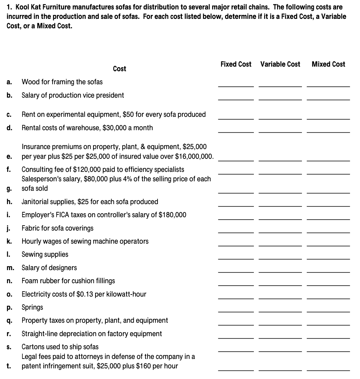 1. Kool Kat Furniture manufactures sofas for distribution to several major retail chains. The following costs are
incurred in the production and sale of sofas. For each cost listed below, determine if it is a Fixed Cost, a Variable
Cost, or a Mixed Cost.
Fixed Cost
Variable Cost
Mixed Cost
Cost
а.
Wood for framing the sofas
b.
Salary of production vice president
C.
Rent on experimental equipment, $50 for every sofa produced
d.
Rental costs of warehouse, $30,000 a month
Insurance premiums on property, plant, & equipment, $25,000
per year plus $25 per $25,000 of insured value over $16,000,000.
е.
Consulting fee of $120,000 paid to efficiency specialists
Salesperson's salary, $80,000 plus 4% of the selling price of each
f.
g.
sofa sold
h.
Janitorial supplies, $25 for each sofa produced
i.
Employer's FICA taxes on controller's salary of $180,000
j.
Fabric for sofa coverings
k. Hourly wages of sewing machine operators
I.
Sewing supplies
m. Salary of designers
n.
Foam rubber for cushion fillings
O.
Electricity costs of $0.13 per kilowatt-hour
p. Springs
q. Property taxes on property, plant, and equipment
r.
Straight-line depreciation on factory equipment
Cartons used to ship sofas
Legal fees paid to attorneys in defense of the company in a
patent infringement suit, $25,000 plus $160 per hour
S.
t.
