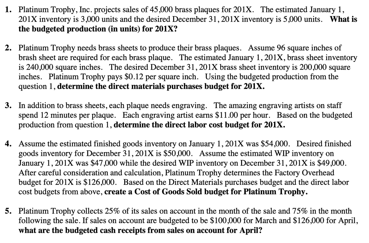 1. Platinum Trophy, Inc. projects sales of 45,000 brass plaques for 201X. The estimated January 1,
201X inventory is 3,000 units and the desired December 31, 201X inventory is 5,000 units. What is
the budgeted production (in units) for 201X?
2. Platinum Trophy needs brass sheets to produce their brass plaques. Assume 96 square inches of
brash sheet are required for each brass plaque. The estimated January 1, 201X, brass sheet inventory
is 240,000 square inches. The desired December 31, 201X brass sheet inventory is 200,000 square
inches. Platinum Trophy pays $0.12 per square inch. Using the budgeted production from the
question 1, determine the direct materials purchases budget for 201X.
3. In addition to brass sheets, each plaque needs engraving. The amazing engraving artists on staff
spend 12 minutes per plaque. Each engraving artist earns $11.00 per hour. Based on the budgeted
production from question 1, determine the direct labor cost budget for 201X.
4. Assume the estimated finished goods inventory on January 1, 201X was $54,000. Desired finished
goods inventory for December 31, 201X is $50,000. Assume the estimated WIP inventory on
January 1, 201X was $47,000 while the desired WIP inventory on December 31, 201X is $49,000.
After careful consideration and calculation, Platinum Trophy determines the Factory Overhead
budget for 201X is $126,000. Based on the Direct Materials purchases budget and the direct labor
cost budgets from above, create a Cost of Goods Sold budget for Platinum Trophy.
5. Platinum Trophy collects 25% of its sales on account in the month of the sale and 75% in the month
following the sale. If sales on account are budgeted to be $100,000 for March and $126,000 for April,
what are the budgeted cash receipts from sales on account for April?
