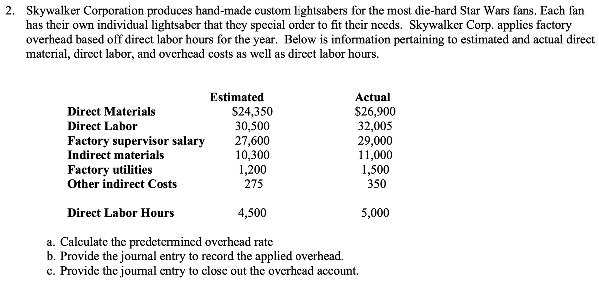 2. Skywalker Corporation produces hand-made custom lightsabers for the most die-hard Star Wars fans. Each fan
has their own individual lightsaber that they special order to fit their needs. Skywalker Corp. applies factory
overhead based off direct labor hours for the year. Below is information pertaining to estimated and actual direct
material, direct labor, and overhead costs as well as direct labor hours.
Estimated
Actual
$24,350
30,500
27,600
10,300
1,200
$26,900
32,005
29,000
11,000
1,500
350
Direct Materials
Direct Labor
Factory supervisor salary
Indirect materials
Factory utilities
Other indirect Costs
275
Direct Labor Hours
4,500
5,000
a. Calculate the predetermined overhead rate
b. Provide the journal entry to record the applied overhead.
c. Provide the journal entry to close out the overhead account.
