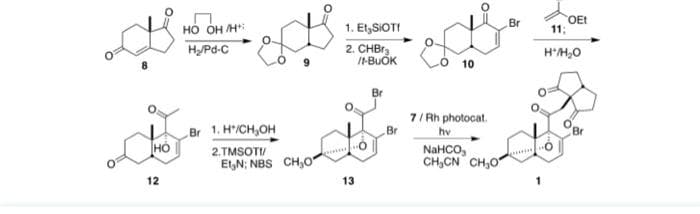 چله
HO
12
НО ОН Н
H₂/Pd-C
Br 1. H/CH₂OH
2.TMSOT!/
Et,N: NBS CH₂O
1. Et,SIOT!
2. CHBr
/1-BUOK
Br
13
O
Br
10
7/Rh photocat.
hv
NaHCO,
CH₂CN CH₂O
Br
OEt
11;
H'/H₂O
O